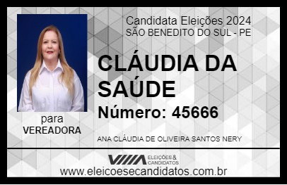 Candidato CLÁUDIA DA SAÚDE 2024 - SÃO BENEDITO DO SUL - Eleições