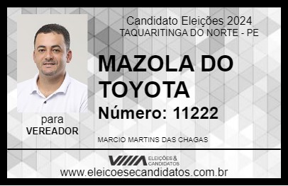 Candidato MAZOLA DO TOYOTA 2024 - TAQUARITINGA DO NORTE - Eleições