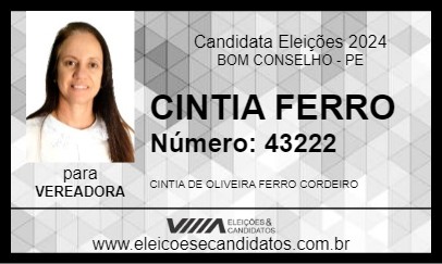 Candidato CINTIA FERRO 2024 - BOM CONSELHO - Eleições