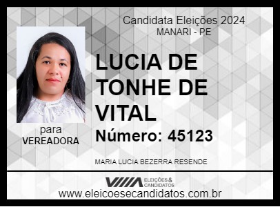 Candidato LUCIA DE TONHE DE VITAL 2024 - MANARI - Eleições