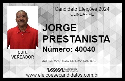 Candidato JORGE PRESTANISTA 2024 - OLINDA - Eleições