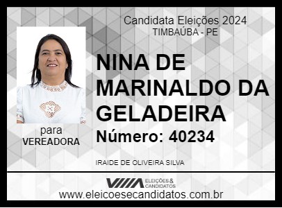 Candidato NINA DE MARINALDO DA GELADEIRA 2024 - TIMBAÚBA - Eleições