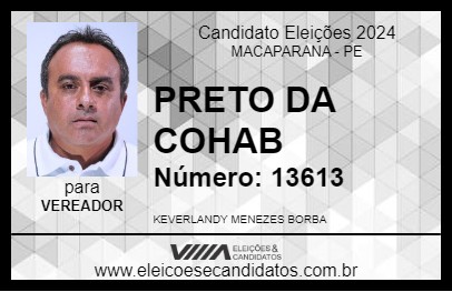 Candidato PRETO DA COHAB 2024 - MACAPARANA - Eleições