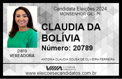 Candidato CLAUDIA DA BOLÍVIA 2024 - MONSENHOR GIL - Eleições