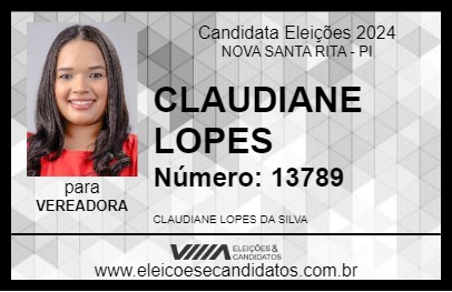 Candidato CLAUDIANE LOPES 2024 - NOVA SANTA RITA - Eleições