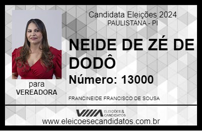 Candidato NEIDE DE ZÉ DE DODÔ 2024 - PAULISTANA - Eleições