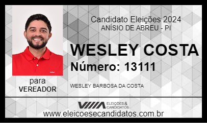 Candidato WESLEY COSTA 2024 - ANÍSIO DE ABREU - Eleições