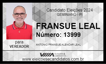 Candidato FRANSUE LEAL 2024 - GEMINIANO - Eleições