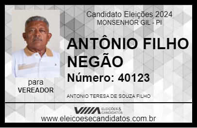 Candidato ANTÔNIO FILHO NEGÃO 2024 - MONSENHOR GIL - Eleições