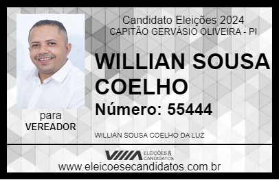 Candidato WILLIAN SOUSA COELHO 2024 - CAPITÃO GERVÁSIO OLIVEIRA - Eleições