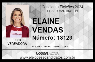 Candidato ELAINE VENDAS 2024 - ELISEU MARTINS - Eleições