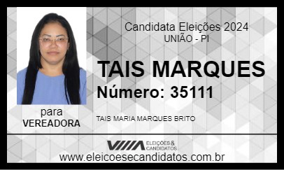 Candidato TAIS MARQUES 2024 - UNIÃO - Eleições