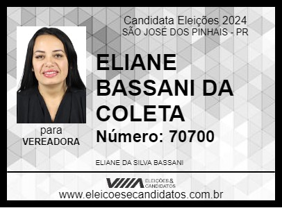 Candidato ELIANE BASSANI DA COLETA 2024 - SÃO JOSÉ DOS PINHAIS - Eleições