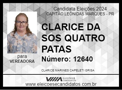 Candidato CLARICE DA SOS QUATRO PATAS 2024 - CAPITÃO LEÔNIDAS MARQUES - Eleições