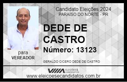 Candidato DEDE DE CASTRO 2024 - PARAÍSO DO NORTE - Eleições