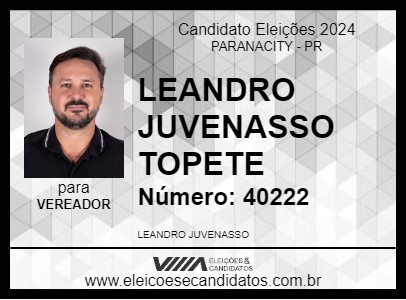 Candidato LEANDRO JUVENASSO TOPETE 2024 - PARANACITY - Eleições