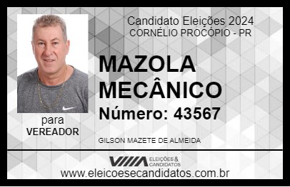 Candidato MAZOLA MECÂNICO 2024 - CORNÉLIO PROCÓPIO - Eleições