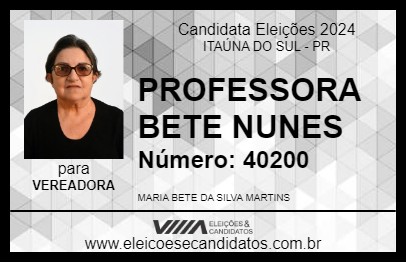 Candidato PROFESSORA BETE NUNES 2024 - ITAÚNA DO SUL - Eleições