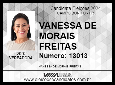 Candidato VANESSA DE MORAIS FREITAS 2024 - CAMPO BONITO - Eleições