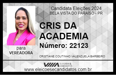 Candidato CRIS DA ACADEMIA 2024 - BELA VISTA DO PARAÍSO - Eleições