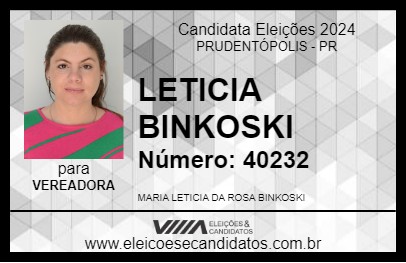 Candidato LETICIA BINKOSKI 2024 - PRUDENTÓPOLIS - Eleições