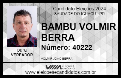 Candidato BAMBU VOLMIR BERRA 2024 - SAUDADE DO IGUAÇU - Eleições