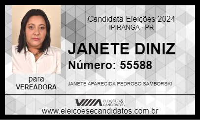 Candidato JANETE DINIZ 2024 - IPIRANGA - Eleições