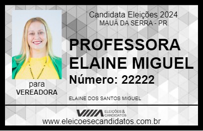 Candidato PROFESSORA ELAINE MIGUEL 2024 - MAUÁ DA SERRA - Eleições