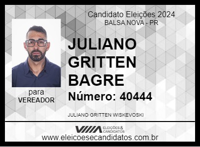 Candidato JULIANO GRITTEN BAGRE 2024 - BALSA NOVA - Eleições