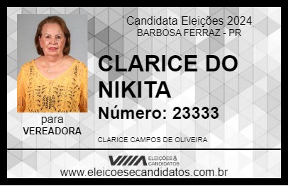 Candidato CLARICE DO NIKITA 2024 - BARBOSA FERRAZ - Eleições