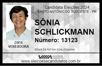 Candidato SÔNIA SCHLICKMANN 2024 - SANTO ANTÔNIO DO SUDOESTE - Eleições