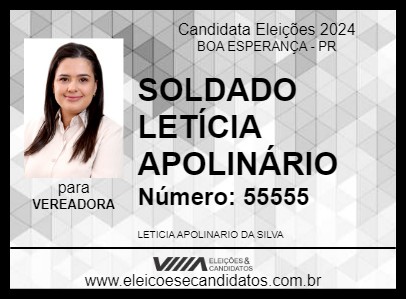 Candidato SOLDADO LETÍCIA APOLINÁRIO 2024 - BOA ESPERANÇA - Eleições