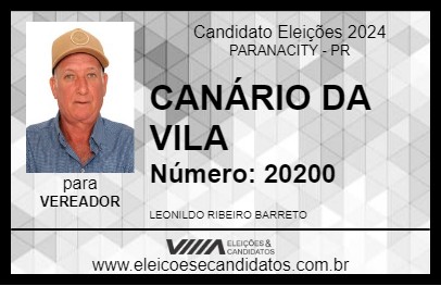 Candidato CANÁRIO DA VILA 2024 - PARANACITY - Eleições