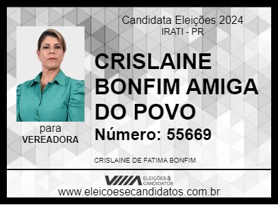 Candidato CRISLAINE BONFIM AMIGA DO POVO 2024 - IRATI - Eleições