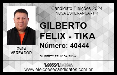 Candidato GILBERTO FELIX - TIKA 2024 - NOVA ESPERANÇA - Eleições