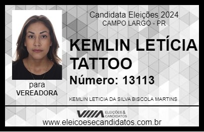 Candidato KEMLIN LETÍCIA TATTOO 2024 - CAMPO LARGO - Eleições