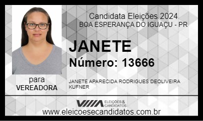 Candidato JANETE 2024 - BOA ESPERANÇA DO IGUAÇU - Eleições