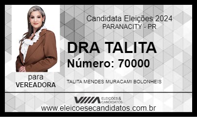 Candidato DRA TALITA 2024 - PARANACITY - Eleições