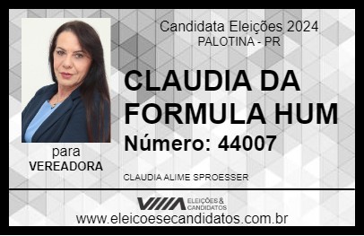 Candidato CLAUDIA DA FORMULA HUM 2024 - PALOTINA - Eleições