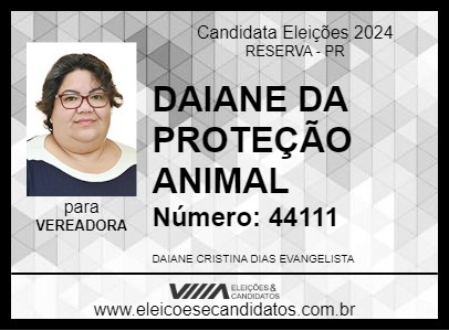 Candidato DAIANE DA PROTEÇÃO ANIMAL 2024 - RESERVA - Eleições