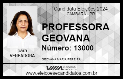 Candidato PROFESSORA GEOVANA 2024 - CAMBARÁ - Eleições