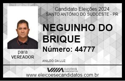 Candidato NEGUINHO DO BRIQUE 2024 - SANTO ANTÔNIO DO SUDOESTE - Eleições