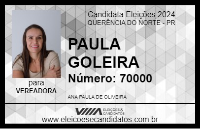 Candidato PAULA GOLEIRA 2024 - QUERÊNCIA DO NORTE - Eleições