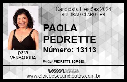 Candidato PAOLA PEDRETTE 2024 - RIBEIRÃO CLARO - Eleições