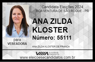 Candidato ANA ZILDA KLOSTER 2024 - BOA VENTURA DE SÃO ROQUE - Eleições