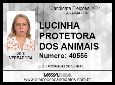 Candidato LUCINHA PROTETORA DOS ANIMAIS 2024 - ICARAÍMA - Eleições