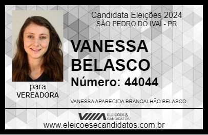 Candidato VANESSA BELASCO 2024 - SÃO PEDRO DO IVAÍ - Eleições