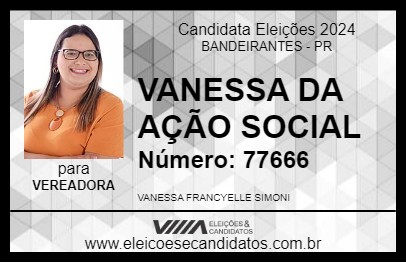 Candidato VANESSA SIMONI 2024 - BANDEIRANTES - Eleições