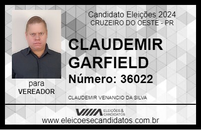 Candidato CLAUDEMIR GARFIELD 2024 - CRUZEIRO DO OESTE - Eleições