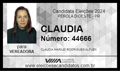 Candidato CLAUDIA 2024 - PÉROLA D\OESTE - Eleições